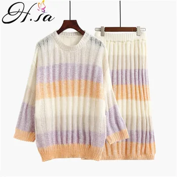 

H.SA 2019 Women Sweater Suit Candy Colorful Striped Pull Jumpers Pullover and Skirts Sweater Set Elegant Knitwear Set In Winter
