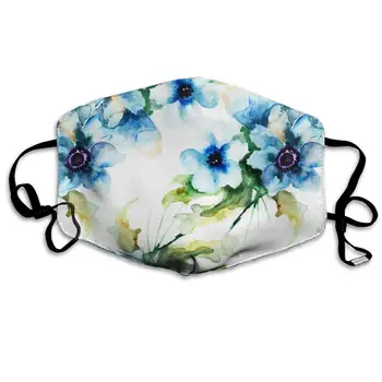

Blue Flowers Watercolor Washable Reusable Mask, Cotton Anti Dust Half Face Mouth Mask For Kids Teens Men Women With Adjustable
