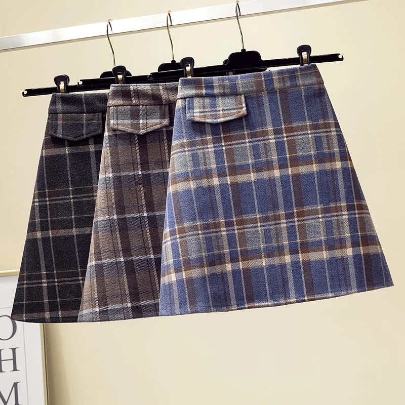 Plus Size 4XL Elastic Waist Women Skirt Woolen Plaid Stripe Mini Skirts 2019 Winter Warm Chic School Clothes |