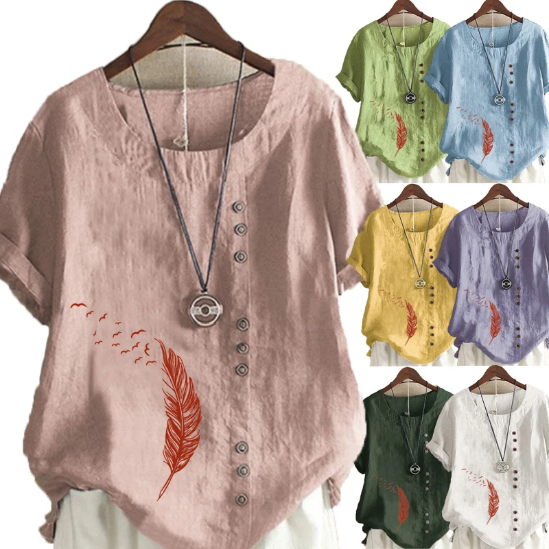

Women's New Fashion Summer Feather Printed Round Neck Short Sleeve T-shirt Casual Loose Solid Color Blouse Tops Plus Size