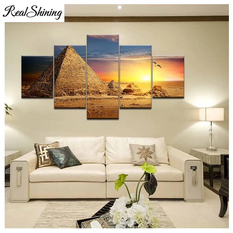 

5 Pcs Egypt Sunset Pyramid diamond painting with round stones mosaic set full drill square rhinestones embroidery FS7016