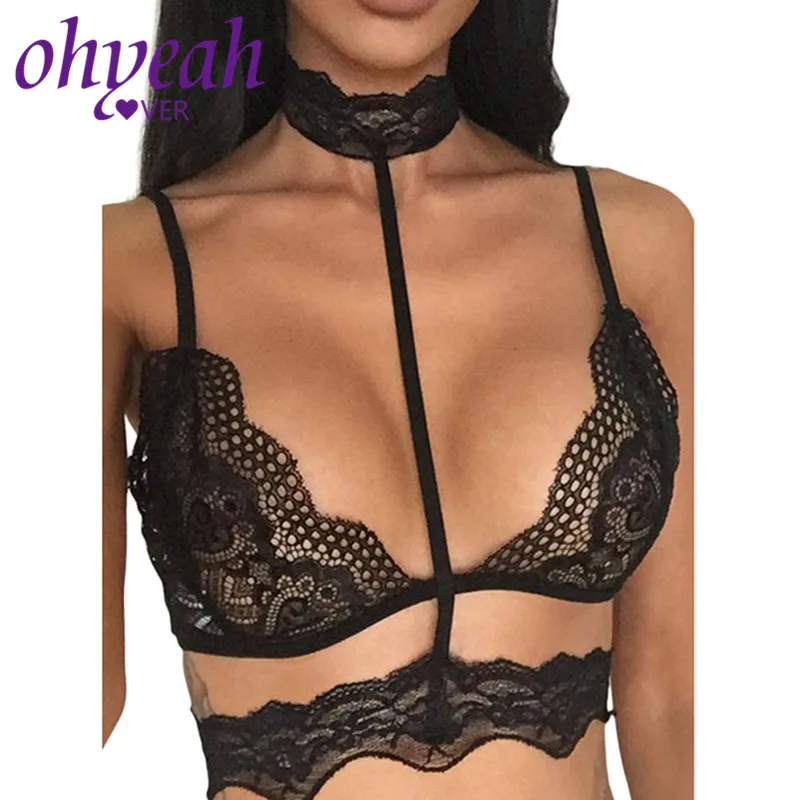 

Ohyeahlover Straps Lace Bra Black Harness Bralette See Through Bras For Women XL 2XL Plus Size Choker Sexy Lingerie RM8046