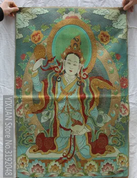 ¡Pulgadas seda tibetana satén Verde Tara iluminación diosa Tangka pinturas Mural Cruz puntada bordado decoración!