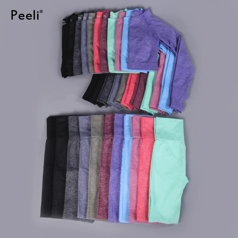Yoga Set Sports Set Gym Workout Set Sportswear Set Seamless Yoga Set Sports 2 Piece Set Women Clothing Long Sleeve Gym Crop Top High Waist Leggings Workout Fitness Sportswear