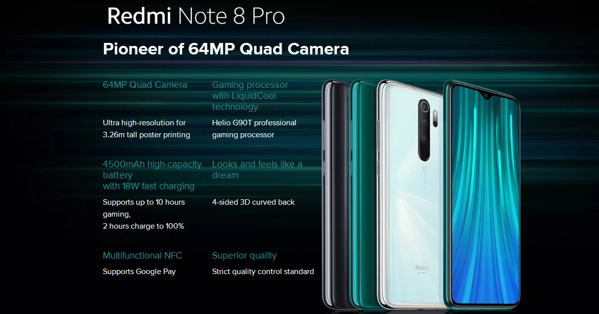 Xiaomi Redmi Note 8 Pro Global Version 6.53 inch 64MP Quad Rear Camera 6GB 64GB NFC 4500mAh Helio G90T Octa Core 4G Smartphone