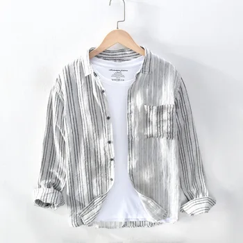

2020 Men's Linen Striped Casual Shirt Youth Casual Holiday Breathable Shirt
