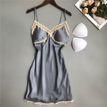 

Women's Stain Silk Nightdress with Chest Pad Sexy Lingerie Home Sleepwear Nightshirt Strap Lace Night Gowns Nightie for Women