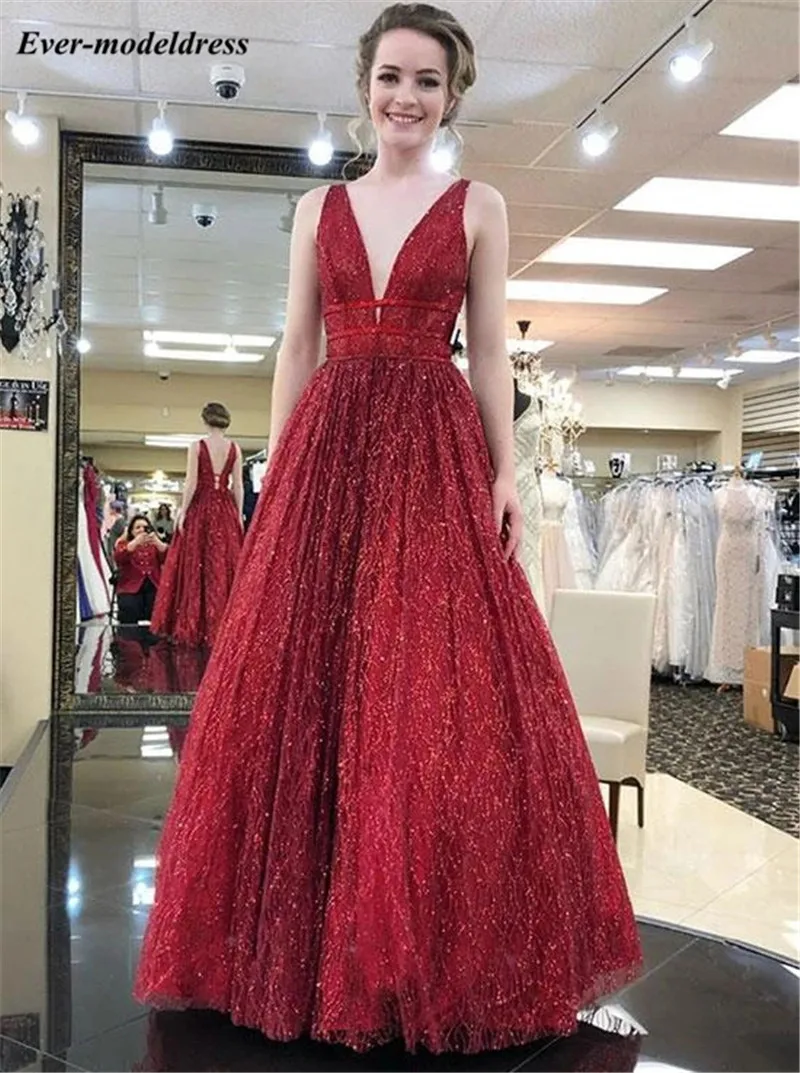Robes De Soriee Новые Вечерние платья темно-красные с глубоким v-образным вырезом блестящие трапециевидные до пола Вечерние платья на заказ