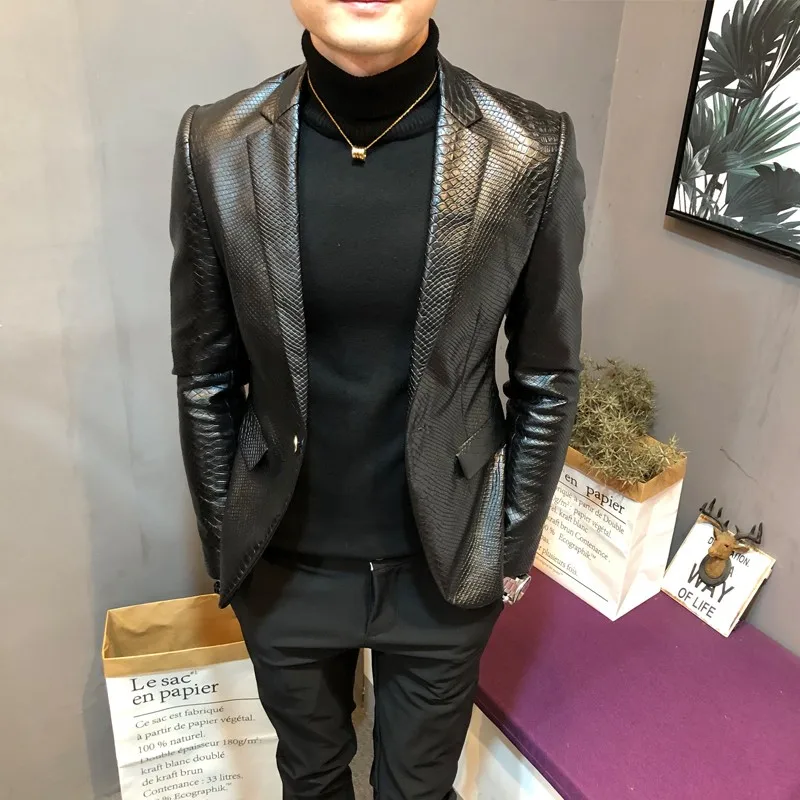 Winter Fleece Pu Leather Jacket Men Autumn Slim Fit Snake Pattern Elegant Business Work Blazer Mens Smart Casual Suit Jackets