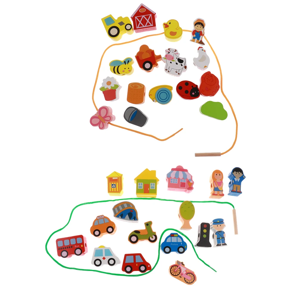 2x Wooden Cartoon Threading Beads Lacing Game Kids Baby Educational Toy Set - Farm and City