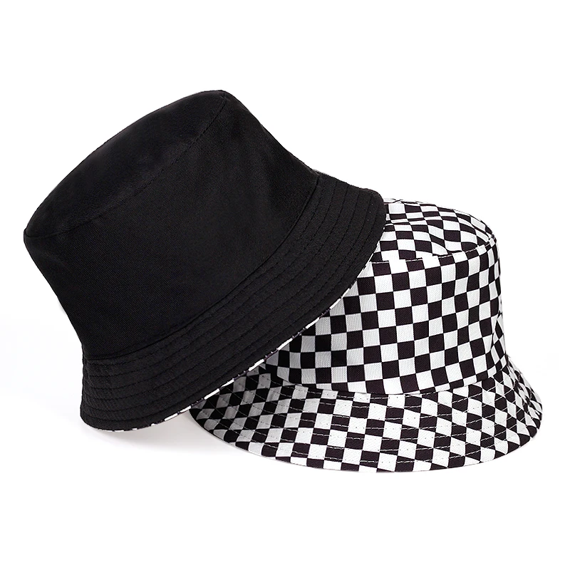 New Fashion Black White Cow Pattern Plaid Bucket Hats For Men Women Reversible Summer Fisherman Fishing hat Gorras