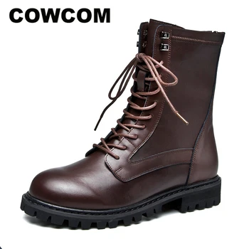 

COWCOM Martin Boot Girl Wind 2020 Genuine Leather Mid Calf The High-powered Thick-bottomed Handsome Locomotive Boots Boots CB