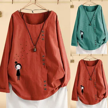 

Plus Size Women Long Sleeve womens tops Cotton Linen O-Neck Floral Print Blouse Top Shirt blusas mujer de moda 2019