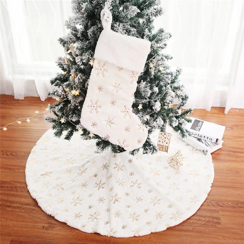 

White Merry Christmas Tree Skirts Plush Beads White Embroidered Christmas Tree Carpet Christmas Tree Decorations #4e05