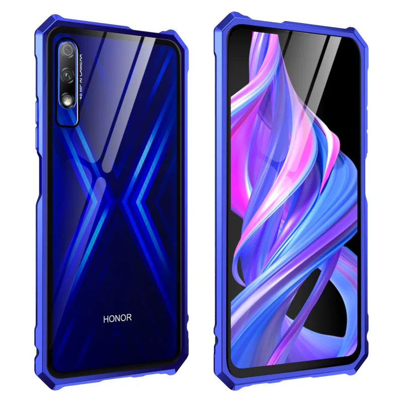 Синий OMEVE для huawei Honor 9X чехол с металлической рамкой и закаленным стеклом задняя крышка для huawei Honor 9X Pro Чехол Honor 9X бампер чехол - Цвет: Синий