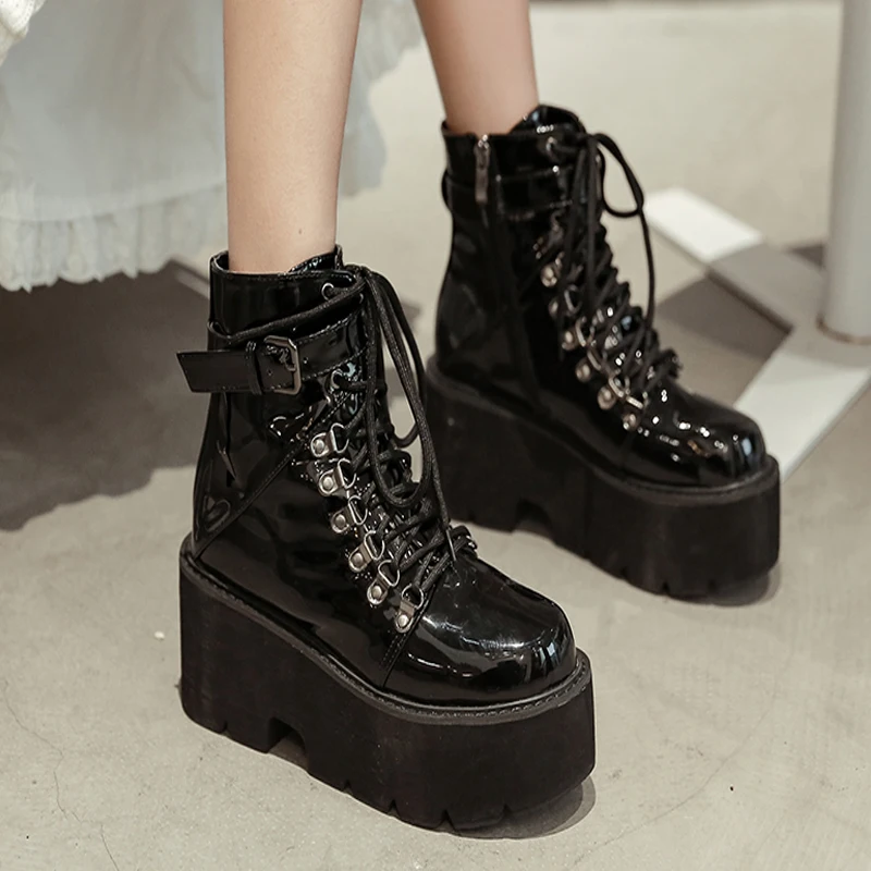 

Patent Leather Gothic Black Boots Women Chunky Heel Platform Boots Punk Motorcycle Boots for Women demonia Shoes LJB271