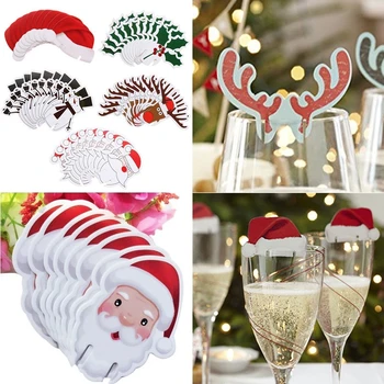 

10pcs Christmas Champagne Wine Glass Card Decorations Xmas Hat Santa Snowman Cup Card for Home Party Table Place Cards Ornament