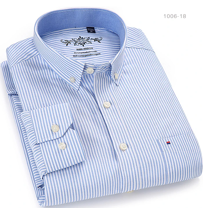Мужская полосатая оксфордская рубашка на пуговицах с длинным рукавом, с левым нагрудным карманом, качественные Смарт повседневные классические клетчатые рубашки