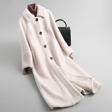 Beige Новые зимние стрижки овец пальто Для женщин модное толстое теплое Высокое качество Натуральная шерсть шуба длинная теплая куртка Верхняя одежда для женщин - Цвет: Beige