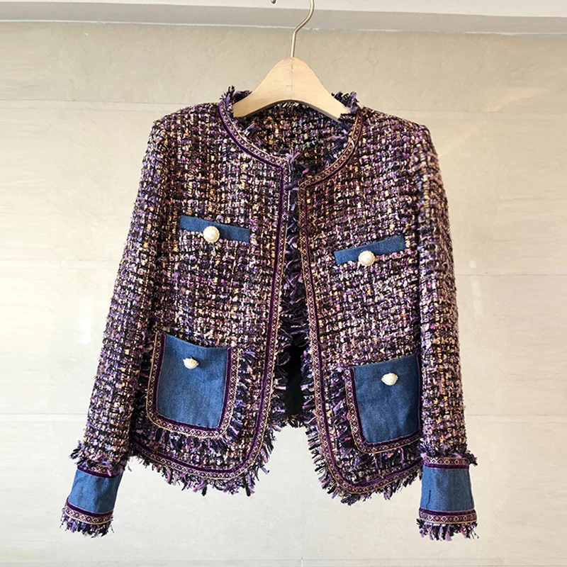 

Red RoosaRosee Designer Women Long Sleeve Demin Patchwork Autumn Short Coat 2019 European Lady Tweed Tassel Fashion Outwear New