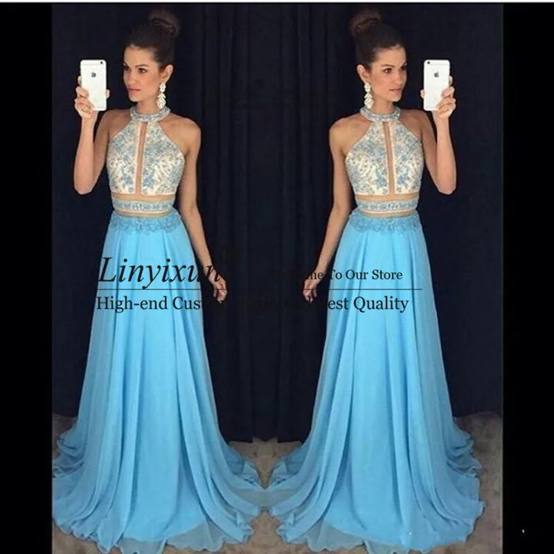 

Charming Halter Neck Chiffon Long Evening Dresses Beaded Formal Evening Gowns A Line Court Train Sleeveless Prom Dresses