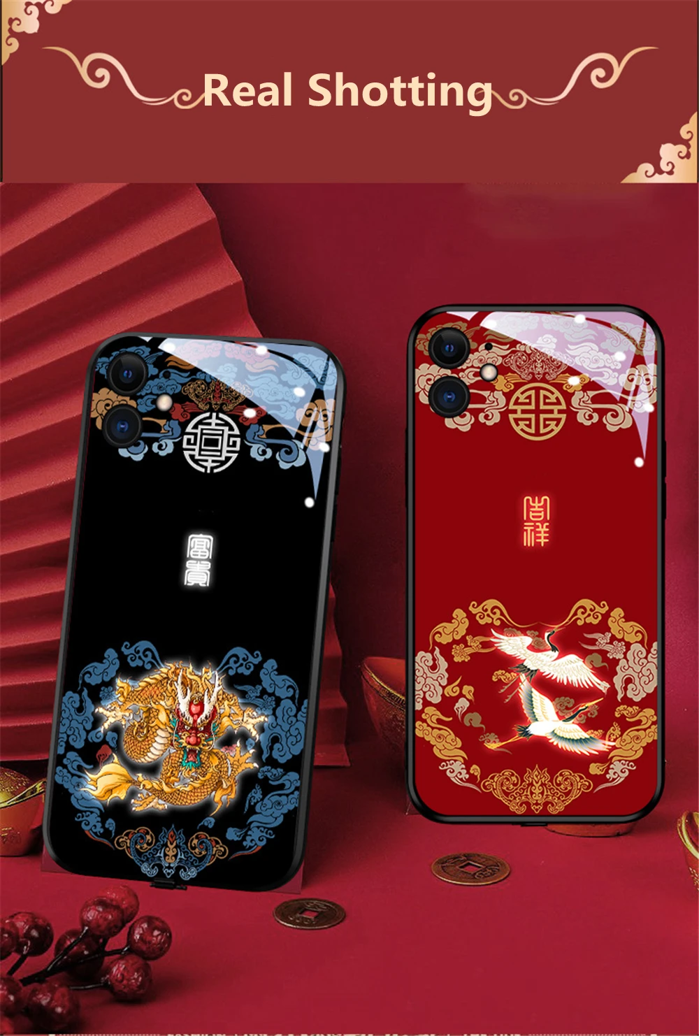 Модный стеклянный жесткий светодиодный чехол в китайском стиле для телефона  iPhone 14 13 12 11 Pro Max журавль Дракон Тотем задняя крышка с животными |  AliExpress