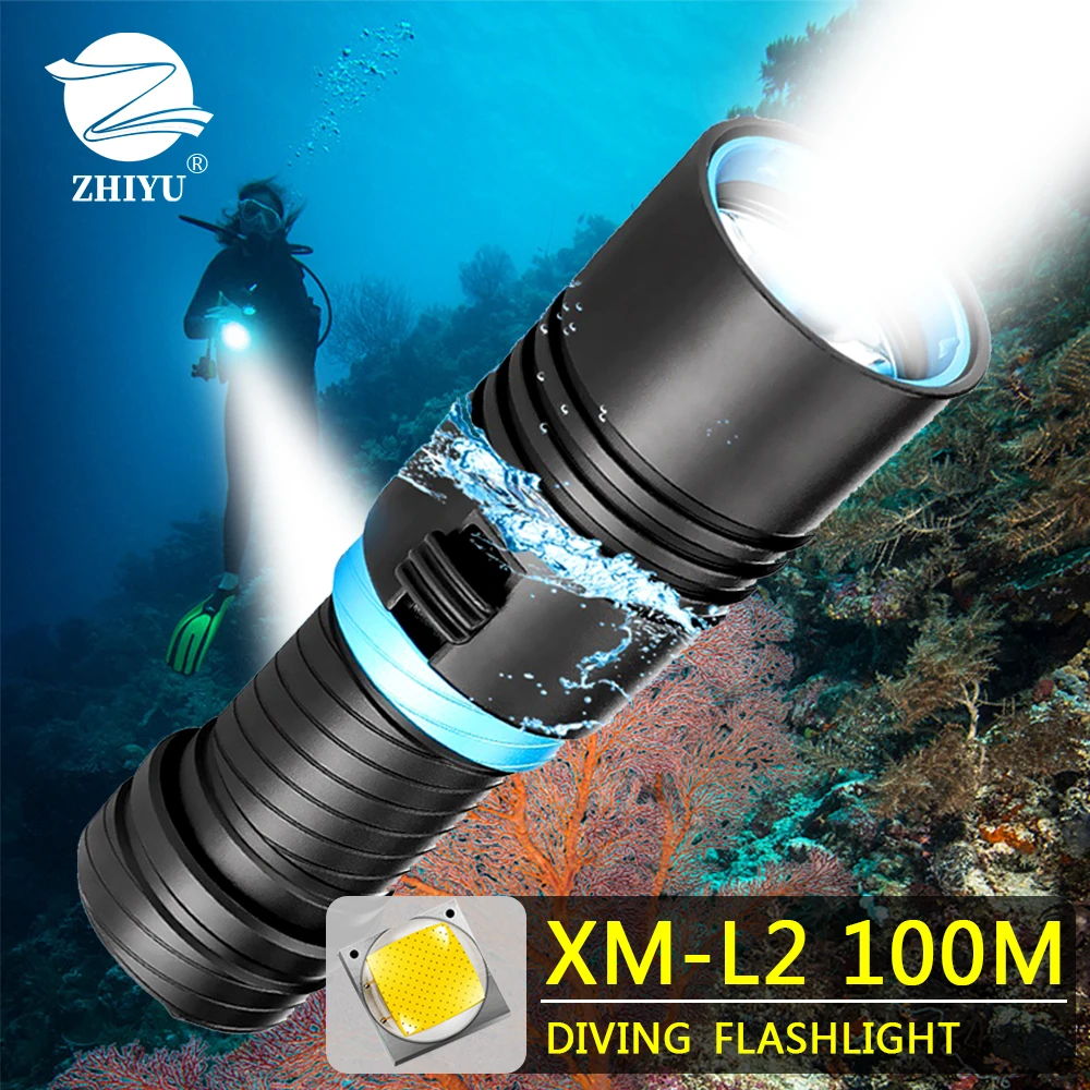 Светодиодный фонарик ZHIYU для дайвинга подводный фонарь с аккумулятором Cree Xm L2 100