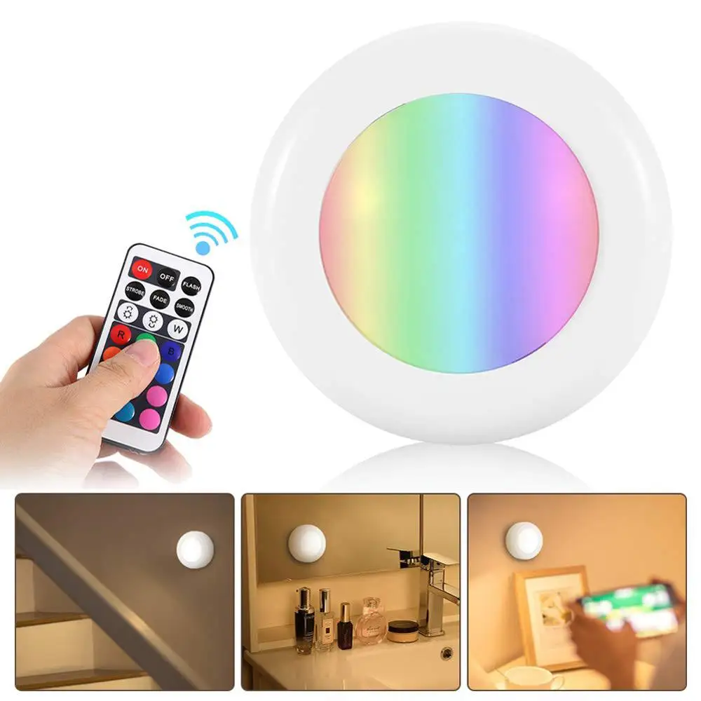 Под освещением шкафа, RGB Беспроводной светодиодный шайба лампочки с меняющимся цветом шкаф свет батареи Диммируемый светодиодный светильник под шкаф