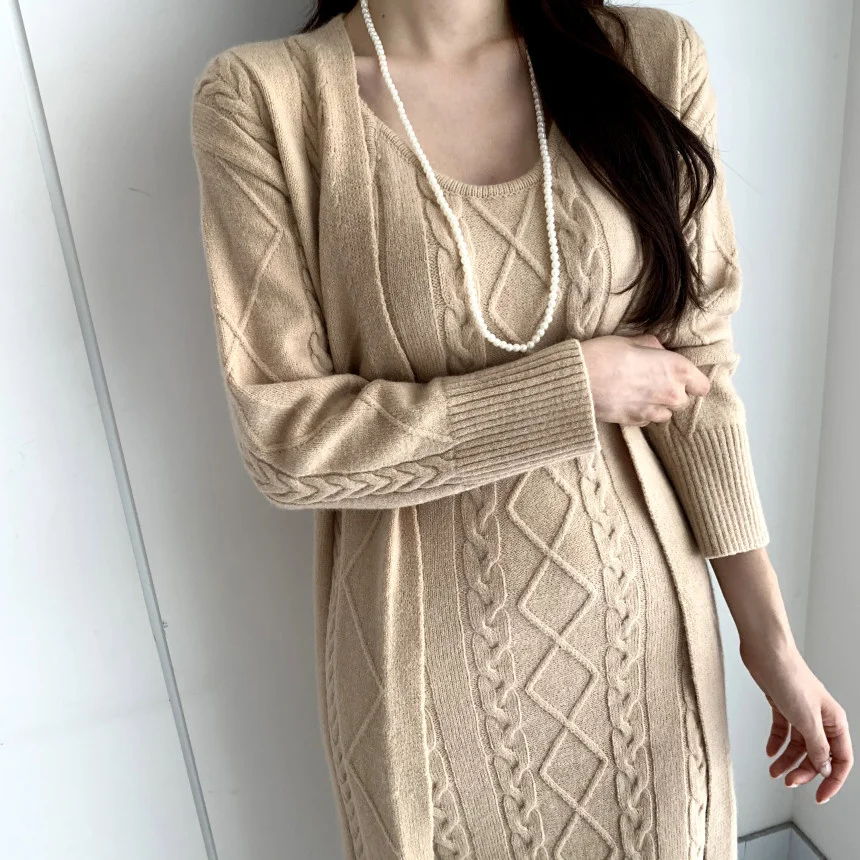 Elegant Fall Winter Thick Knitted 2 Piece Set Women Twist Long Cardigan Sweater Coat +Sleeveless Long Dress Suit Ensemble Femme