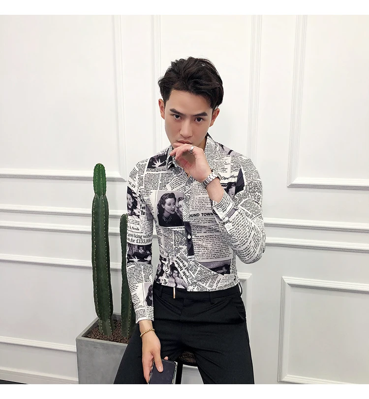Дизайнерская рубашка с узором, рубашка для газет, Camisa Social Masculina, стильная рубашка для мужчин, вечерние, Клубные, уникальная рубашка, приталенная, 5xl