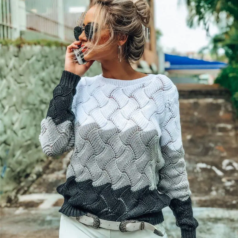 Tanie 2019 jesień Hollow Out O Neck swetry damskie sweter Plus rozmiar 3XL Criss krzyżowana dzianina sweter kobiety Rainbow sweter damski