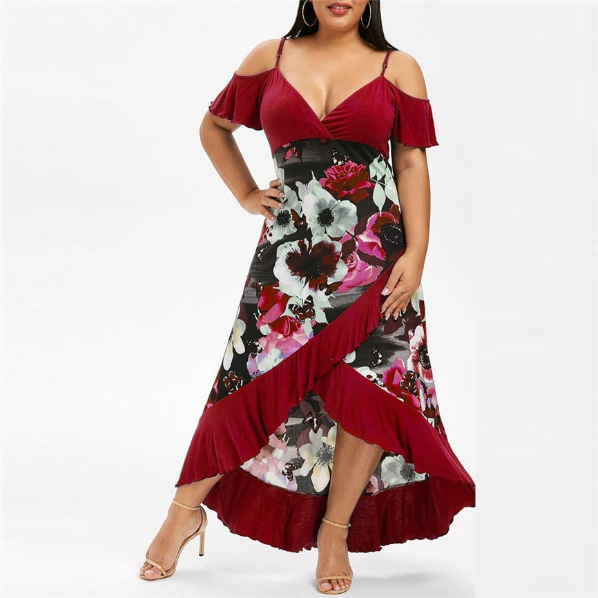 Sexy Dress 2020 Plus Size Women Floral V Neck Camis Short Sleeve Cold Shoulder Dress Night Party Woman's Dresses Sukienki Boho|Dresses| -