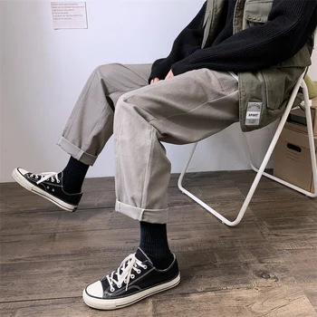 

2019 Autumn And Winter New Youth Pop Thick Loose Straight Pants Fashion Casual Solid Color Wild Overalls Black / Khaki M-2XL