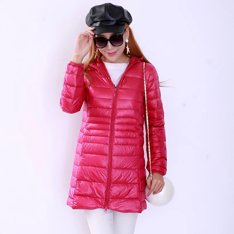 Rose red S-7XL, зимняя женская длинная стеганая куртка с капюшоном, белый утиный пух, Женское пальто, ультра легкие тонкие куртки, пальто, парки, большие размеры - Цвет: Rose red