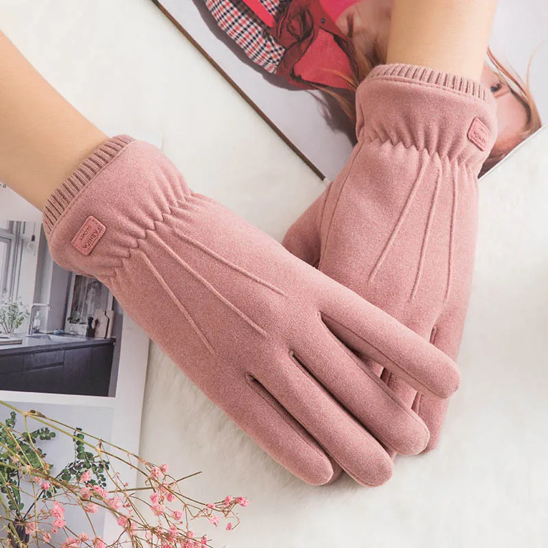 Pink2 Теплые кашемировые перчатки для вождения, зимние, толстые, с сенсорным экраном, очаровательные, плюшевые, на запястье, женские, с пятью пальцами, французские, романтические, Стильные варежки - Цвет: Pink2