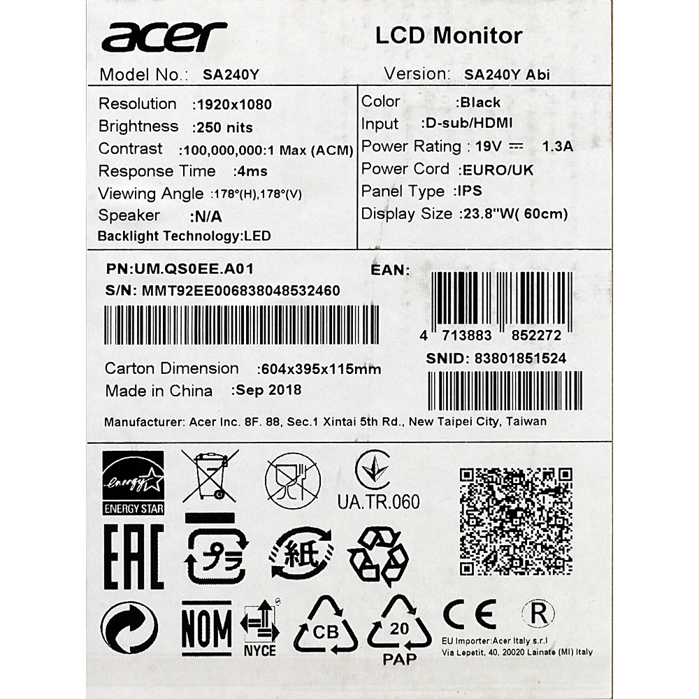 Монитор Acer 23.8" SA240YAbi черный IPS LED 16:9 HDMI Mat 1000:1 250cd