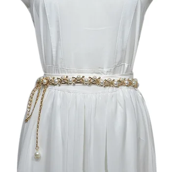 

Belts for Women Gold Metal Chain Stretchy Strap Elegant Waist Belt With Pearls Designer Metal Thin Belts ceinture femme