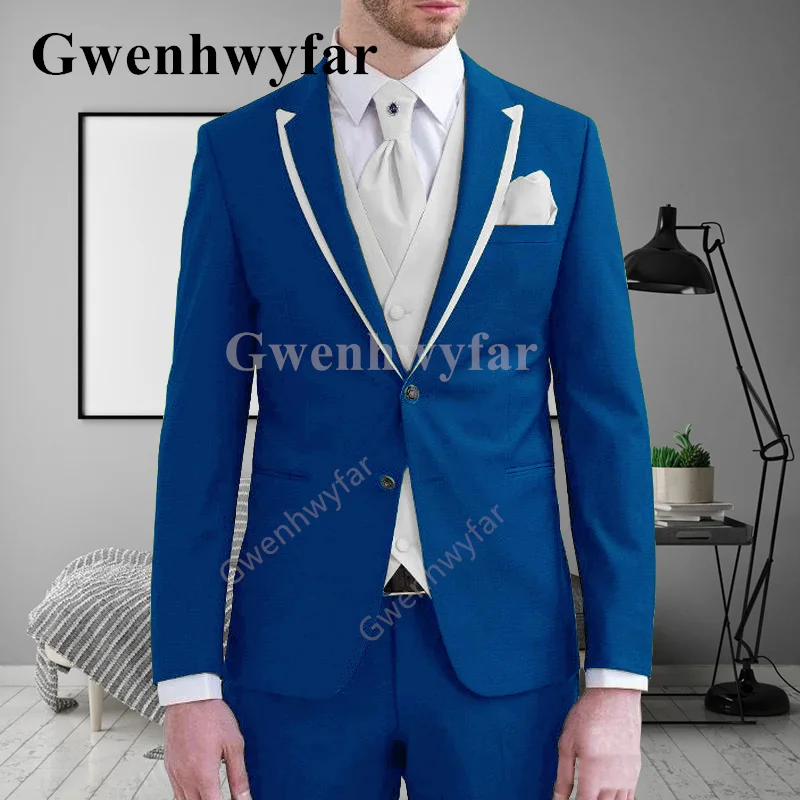 

Новый трендовый Стильный мужской костюм Gwenhwyfar с пиковыми лацканами, куртка, модный свадебвечерние смокинг для жениха и вечеринки, королевский синий, 3 предмета