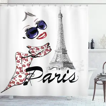 

Paris Shower Curtain, Sketchy Image of a Woman Smiling with Scarf and Landmark Eiffel Tower, Cloth Fabric Bathroom Decor Set