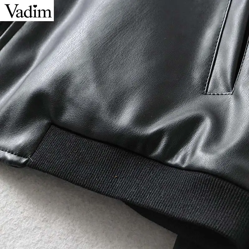 Vadim, женские шикарные Куртки из искусственной кожи, на молнии, с карманами, с длинным рукавом, черные пальто, женская верхняя одежда, стильные свободные топы CA613