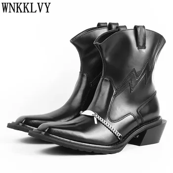 

Square Toe Chunky Mid Heel Combat Boots Women Real Leather Metal Chain Decor Ankle Botas Punk Style Motorcycle Short Boots 2020
