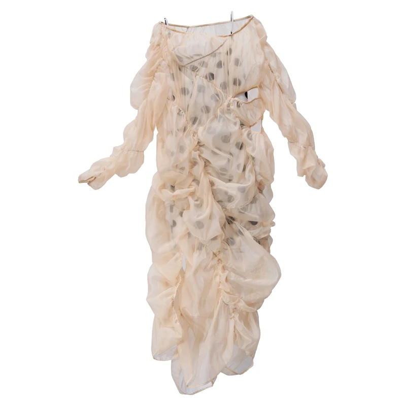 [EAM] Women Drawstring Irregular Dot Pleated Dress