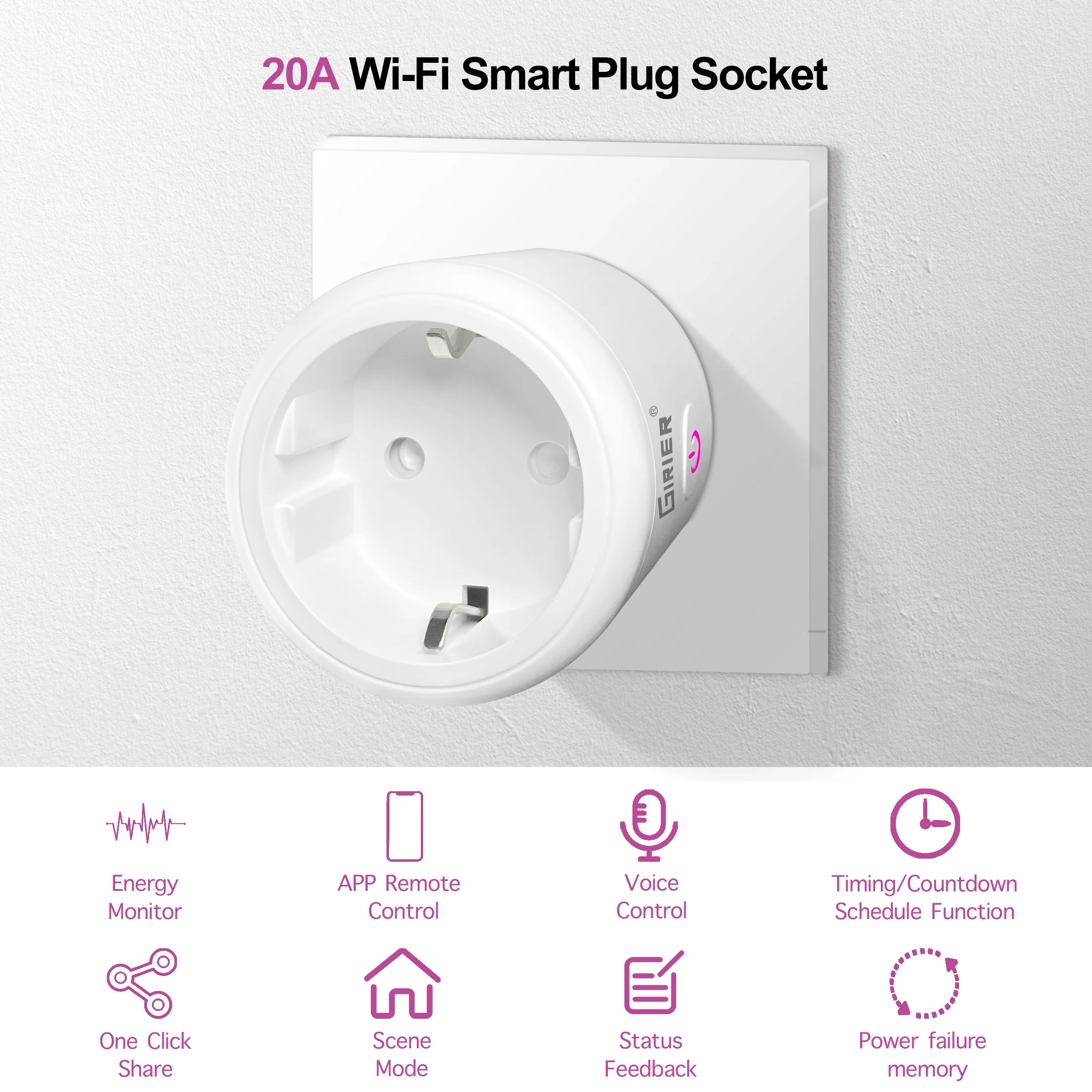 Tuya Wifi 플러그 20A 스마트 소켓 EU 전원 모니터 기능 포함 스마트 라이프 App 원격 제어 콘센트는 Alexa Google 홈과 함께 작동합니다.