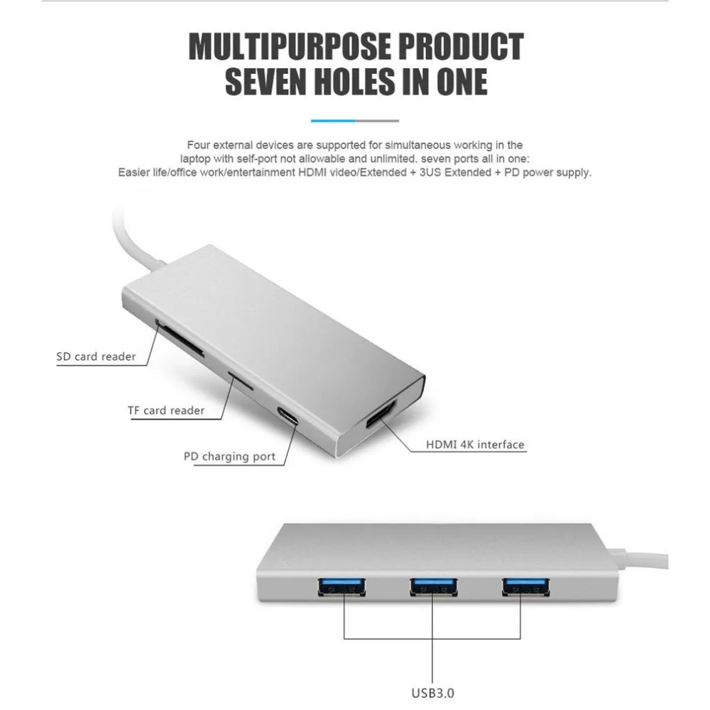 7-в-1 Тип usb-C адаптер Тип с разъемами типа C и конвертер мультимедийного интерфейса высокой четкости надежная цифровая устройство для считывания с tf-карт Многофункциональный USB 3,0 концентратор для MacBook