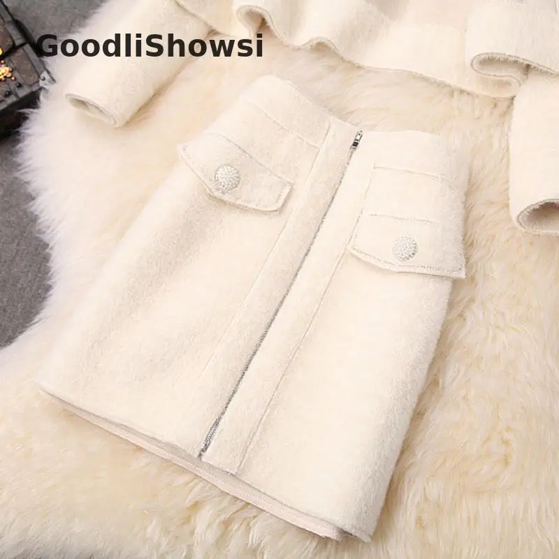 GoodliShowsi Зимняя мода высокого класса женские костюмы бежевый Dehair ангоры короткое пальто Топы+ молния облегающая юбка комплекты из 2 предметов