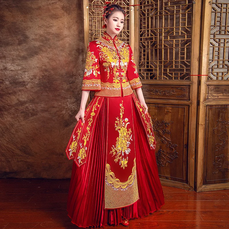Длинное Восточное Qipao винтажное женское свадебное Ципао в китайском стиле костюм Новинка Вышивка плиссированное платье Королевский тост Vestidos