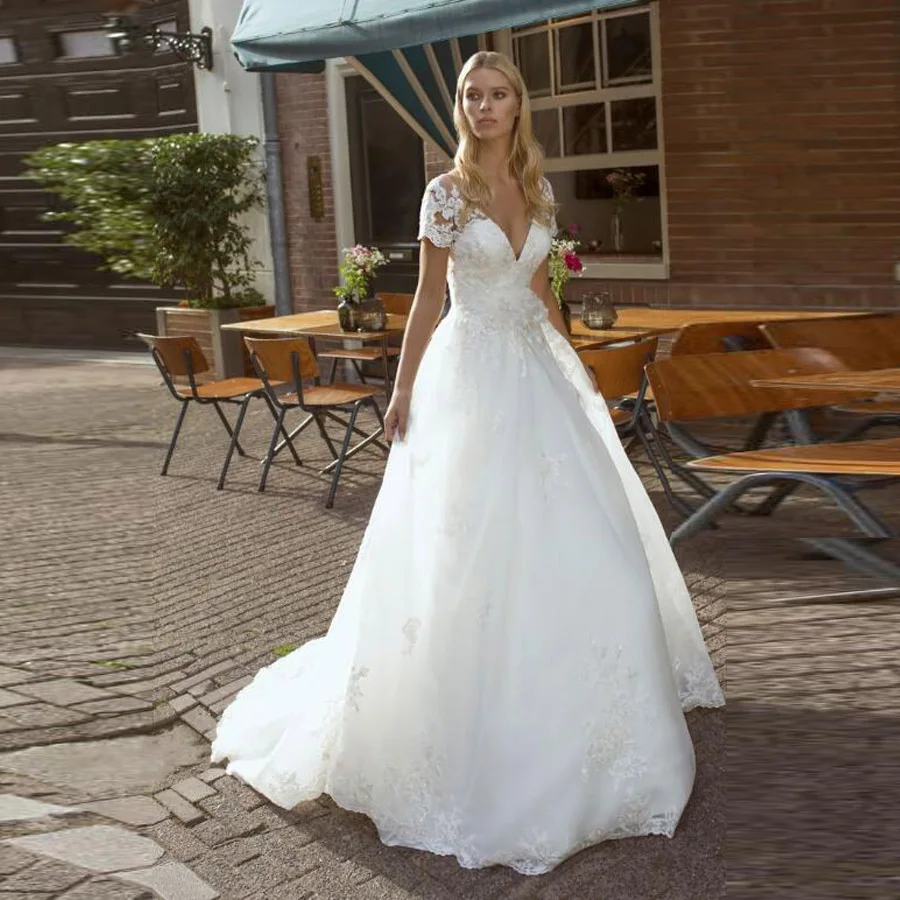 Amaizng свадебное платье с аппликацией белое с v-образным вырезом тюлевые халаты с открытой спиной платье невесты vestido novia