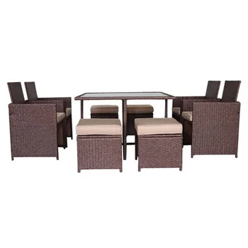 

9PCS Rattan Patio Furniture Set Coffee Table Dining Chair Ottoman With Cushions Anti-UV Water Resistant Garden Sofa Set