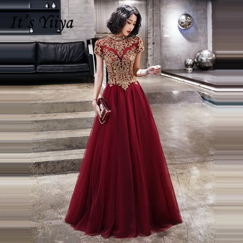 Это Yiiya Вечерние платья женские элегантные золотые с вышивкой кружевные вечерние платья размера плюс бордовые с коротким рукавом robe de soiree LF006