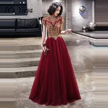 Это Yiiya Вечерние платья женские элегантные золотые с вышивкой кружевные вечерние платья размера плюс бордовые с коротким рукавом robe de soiree LF006